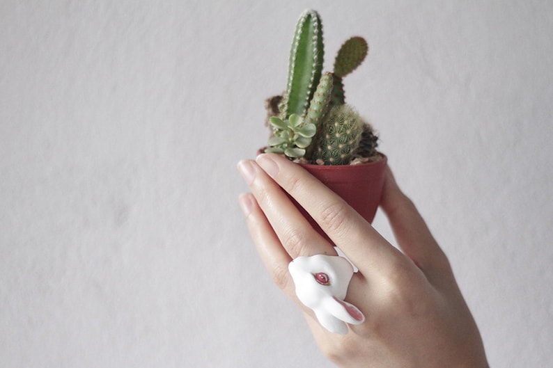 May include: A white ceramic rabbit ring with a red eye. The ring is worn on a person's finger, and the person is holding a small pot of cacti.