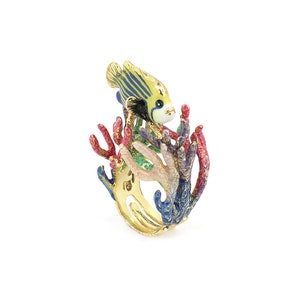 AngelFish and Reef Ring, Emaille sieraden, statement piece, Ocean Creature, Handgeschilderd, Animal Ring afbeelding 5