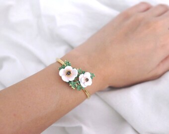 Anemone Bangle White , Flower Ring , Anemone flower