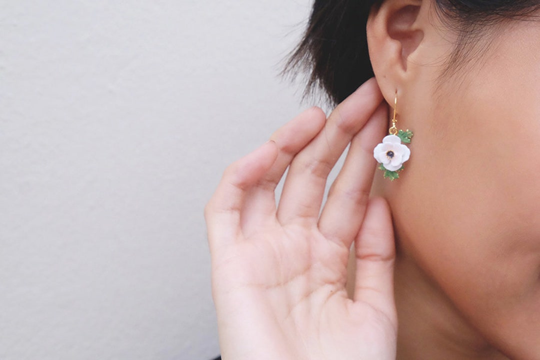 Anemone White Earrings , Drop Earrings , Enamel Jewelry , Handpainted ...