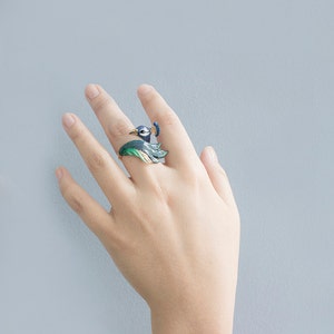 Peacock Ring , Animal Ring , Enamel ring , Original Designs. image 2