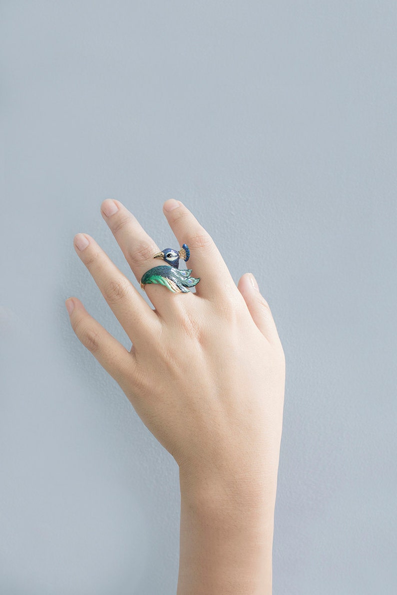 Peacock Ring , Animal Ring , Enamel ring , Original Designs. image 2