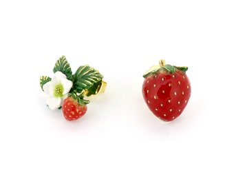 Strawberry Blossom Stud Earrings, Enamel Jewelry, Cute earrings, Perfect Gift, whimsical style strawberry flower, Cottagecore.