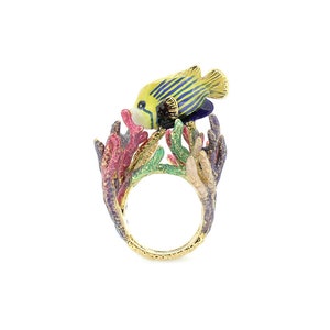 AngelFish and Reef Ring, Emaille sieraden, statement piece, Ocean Creature, Handgeschilderd, Animal Ring afbeelding 3