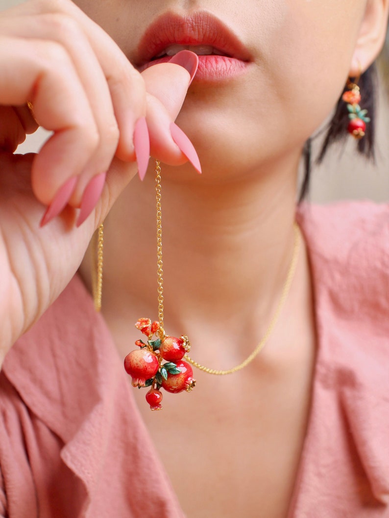 Pomegranate Pendant Necklace, Fruity Blossom, GoodAfterNine, Enamel jewelry, Playful Jewelry, Statement Necklace image 2