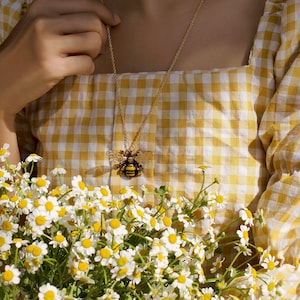 Honey Bee Necklace, Bee pendant, Enamel jewelry.