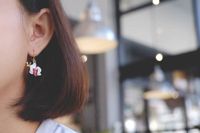 Phalaen White Earrings , Flower Earrings , Handpainted GOODAFTERNINE , Phalaenopsis , Orchid , Drop Earrings image 1