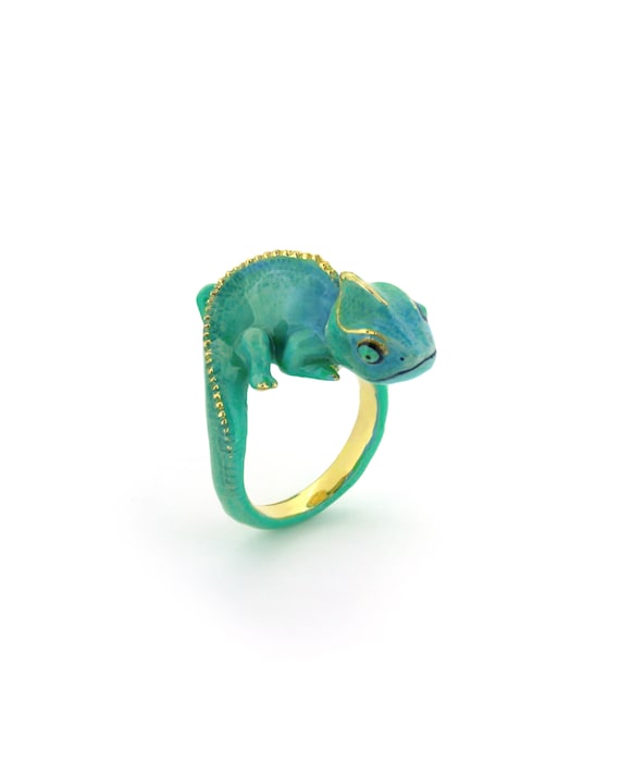 Chameleon Blue Ring, Cute Ring, Enamel Jewelry, Arts