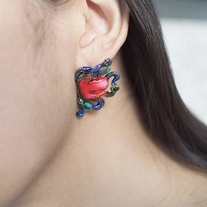 Red Octopus Earrings, Enamel Jewelry, statement piece, Ocean Creature,  Hand-painted, Octopus, GOODAFTERNINE