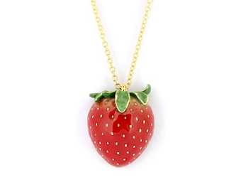 Strawberry Pendant Necklace, Strawberry Forever, Enamel Jewelry, Cute necklace, Perfect Gift, Cottagecore.