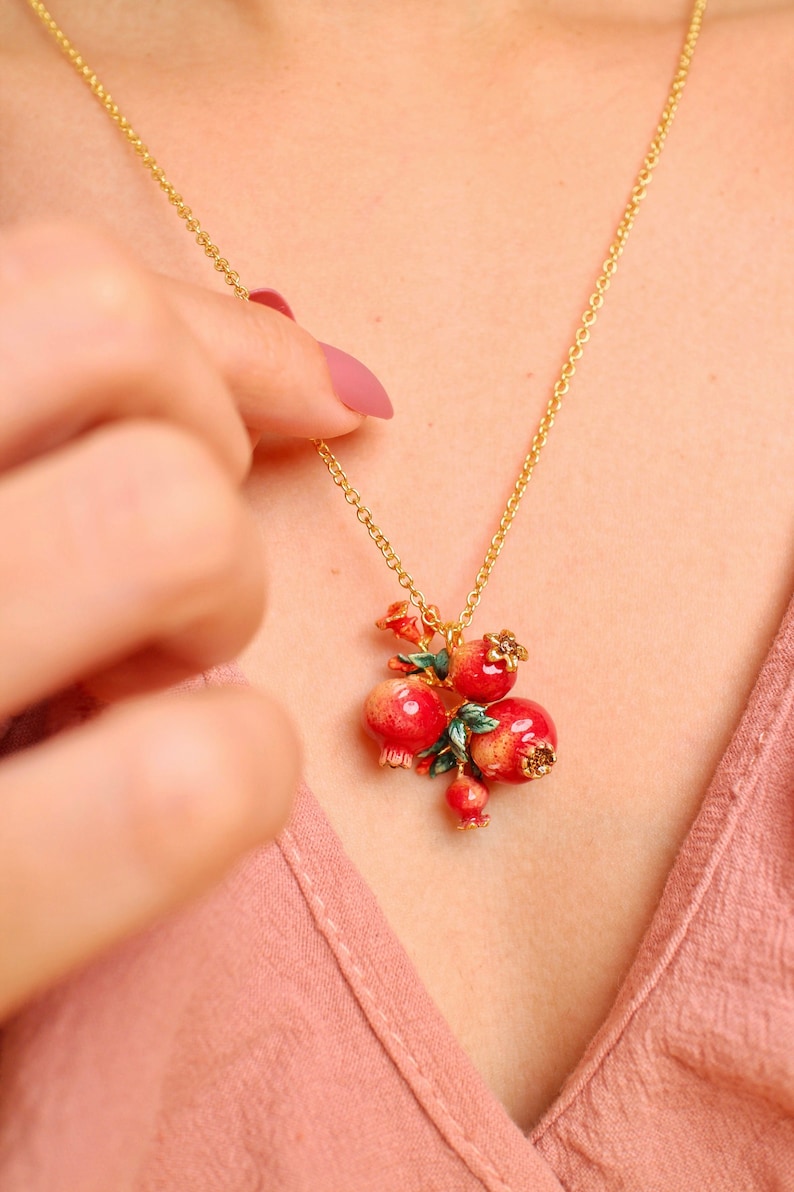 Pomegranate Pendant Necklace, Fruity Blossom, GoodAfterNine, Enamel jewelry, Playful Jewelry, Statement Necklace image 1