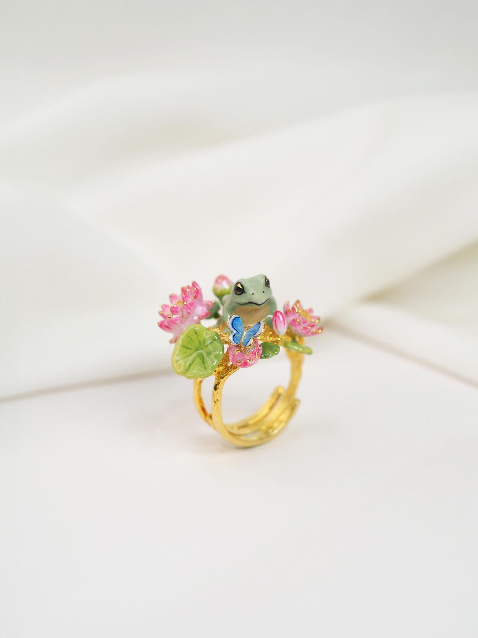 Enamel Frog Ring, Pink Lotus, 18k Gold Plated Brass - Etsy Canada