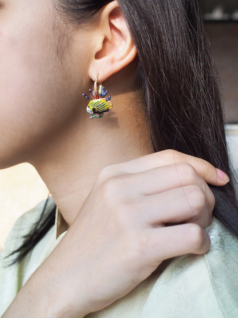 AngelFish and Reef Dormeuse earrings,Ocean Instruments Enamel Earrings