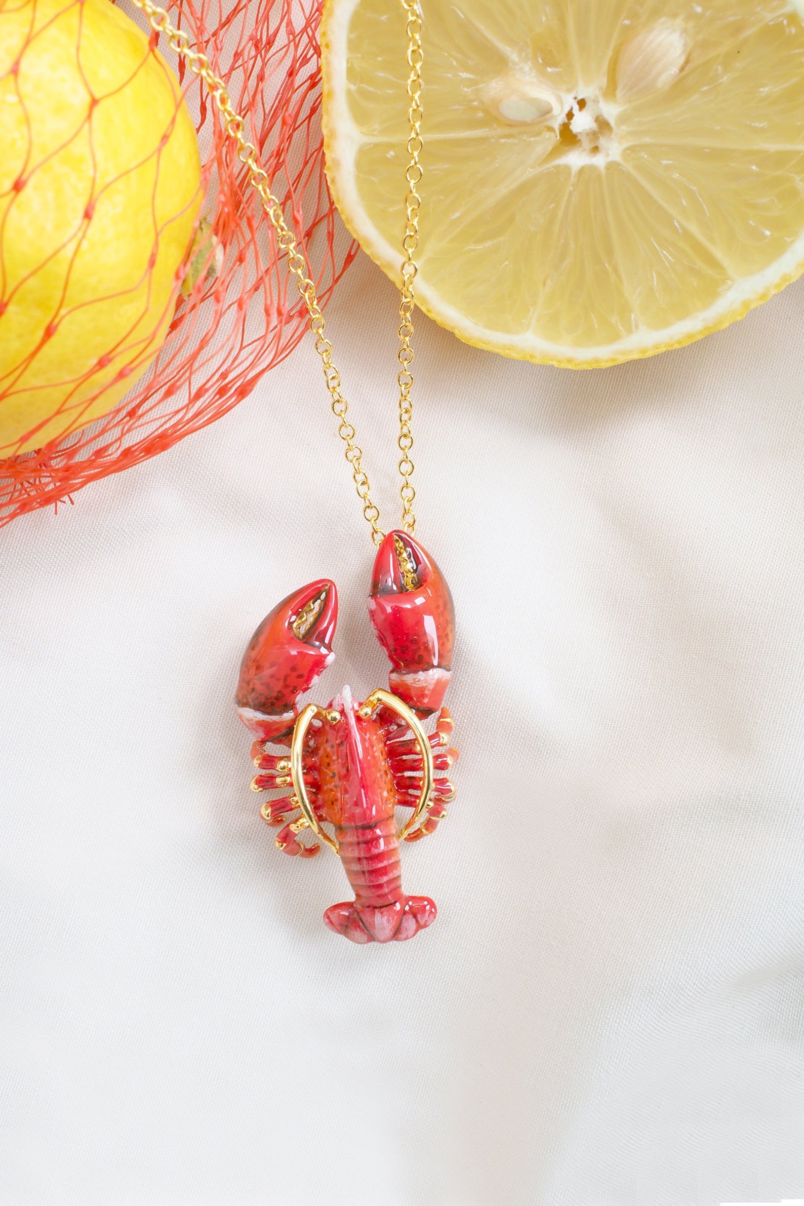 Red Lobster Necklace Enamel Jewelry Long Necklace Ocean Etsy