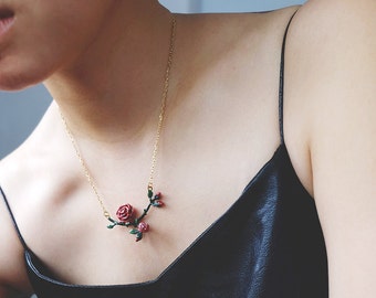 Rose Short Necklace , Flower Rose Necklace , Flower Necklace - High quality enamel by GOODAFTERNINE