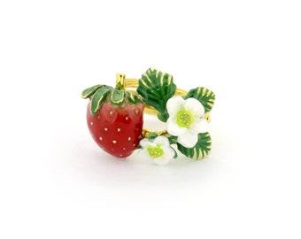 Strawberry Blossom Ring, Enamel Jewelry, Enamel Ring, Perfect Gift, whimsical style strawberry flower.