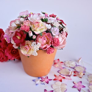 Paper Flower Pot Centerpiece: Pink Roses & Cherry Blossom in Ceramic Pot
