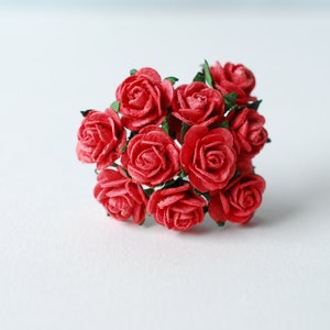 100 pieces. Paper Flower, size 1.5 cm., mini roses, red-magenta color.