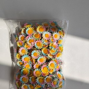 Paper Flower, 100 pcs. Wedding supplies, Centerpieces, Small daisies flowers, handmade flowers, size 1.5 cm. batik colors and yellow pollen. image 8