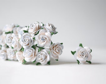 Könnte beinhalten: Eine Ansammlung kleiner, papierartiger weißer Rosen mit hellen Zentren und grünen Blättern. Die Rosen sind zusammengefasst, wobei eine Rose von der Gruppe getrennt ist. Die Blumen sind vor einem schlichten weißen Hintergrund angeordnet.