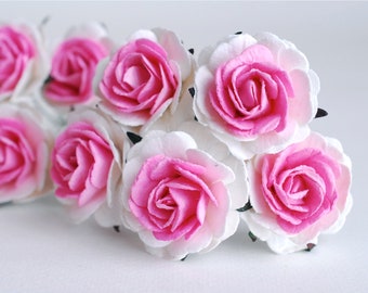 Paper Flower, wedding supplies craft, DIY roses paper, mulberry flowers, size 3.5 cm., uncurve petal,  25 pieces,  pink-white color.