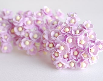Small Paper Flower with stem, gift decoration, 100 pcs., size 0.8 cm., small hydrangea flowers 2 layers, pale purple color, ivory pollen.