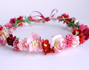 Paper Flower, Bridal flower crown, headband, wine asian lotus, maroon, pink burry cherry blossoms and some burry brush roses color.