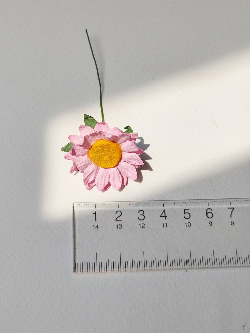 Paper Flower, Centerpieces, DIY making, 50 pcs. small daisy flower size 3 cm. yellow pollen, pink color. handmade flower image 5