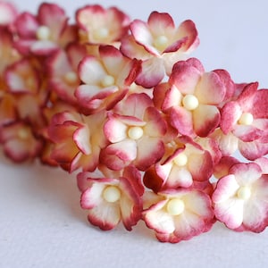 Paper Flower, DIY Wedding Supplies,centerpieces, Paper hydenyia small  100 pieces, hydrangea flowers, size 2 cm., maroon brush yellow color.