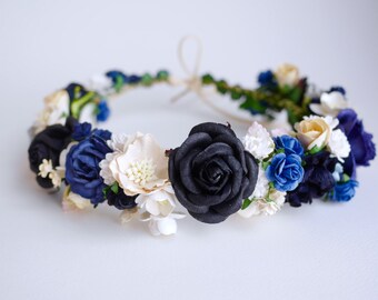 Paper Flower, Crown, Headband, Wedding, ivory, wooden blue, black , passion blue, white, cream and ivory Color.