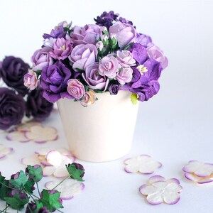 Paper Flower Pot: Purple Roses, Gardenia Centerpiece