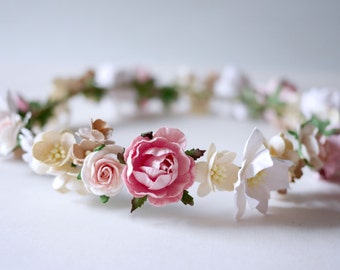 Paper Flower, Bridal flower crown, headband, pink, soft pink and white color.