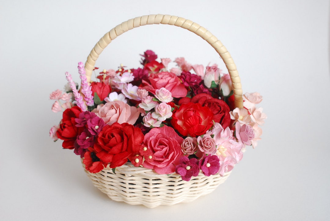 Paper Flower, Basket Flower, Handmade Roses Flower Gift Basket Pink to