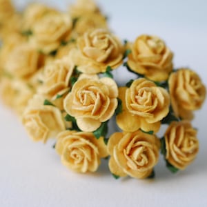 May include: A bunch of small, pale yellow paper roses with green stems. The roses are arranged in a cluster, with the stems pointing towards the bottom of the image.
