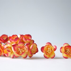Paper flower, 50 pieces, size 2.5 cm. Cherry blossom, yellow brush red color.