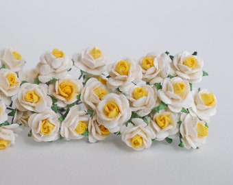 Handmade Mulberry Paper Roses: Yellow & White, 1cm, 100 Pieces