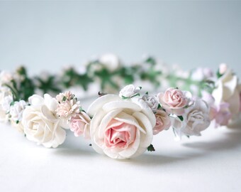 Paper Flower, Crown, Headband, Tiaras, Wedding, pink, soft pink, cream and white Color.
