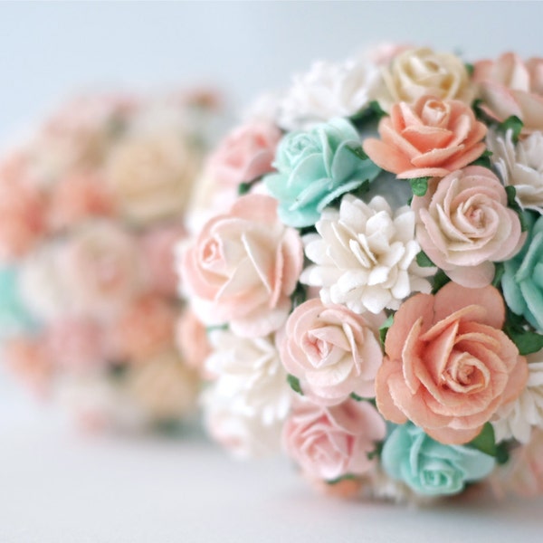 Paper flowers, Flower Girl Pomander  ONLY ONE BALL, size about 11x11x11 cm.pale pink, peach, white and ivory colors.