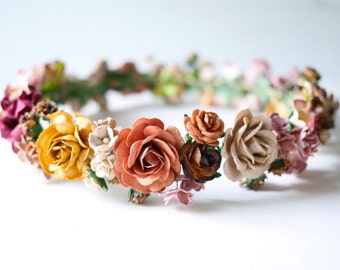 Paper Flower, Crown, Headband, Wedding, Autumn tone: dark brown, brown , red wine, rusty, yellow and ivory Color.