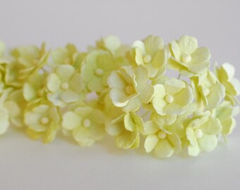 Paper Flower, DIY supplies, small centerpiece;100 pieces, handmade hydrangea flowers, size 2 cm., light green chartreuse color.