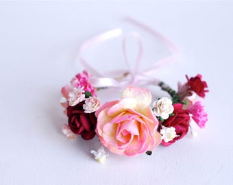 Paper Flower, pink corsage, Wedding,  medium rose some small flowers (middle are size 4 cm.) pink and dark red Color.