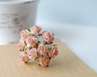 Paper flower, 100 pieces mini rose, size 1.5 cm., pink brush cream color.