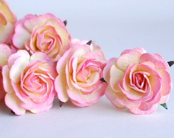 Handmade Paper Roses: Pink Brush Ivory, 3.5cm, 25 Pieces