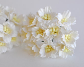 Paper flower,  handmade flowers, centerpieces, DIY supplies for making crown: 50 pcs. small cherry blossom, Sakura, 2 cm. white color.