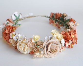 Paper Flower, Crown, Headband, Wedding flower crown, DIY party, roses paper and small flowers: brown, ivory, orange, peach and cream Color.