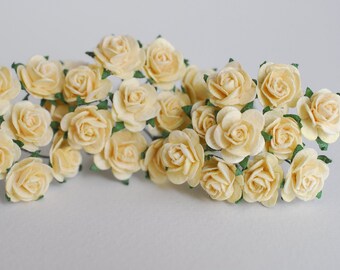 100 Pale Yellow Mulberry Paper Roses: 1.5cm Handmade Flowers