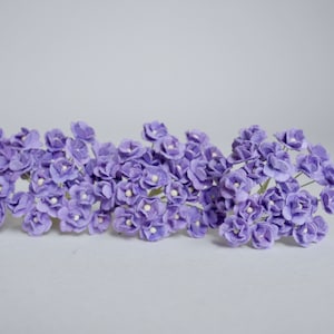 Small Paper Flower with stem, gift decoration, 100 pcs., size 0.8 cm., small hydrangea flowers 2 layers, medium purple color, ivory pollen.