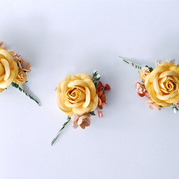 THREE Paper Flower Boutonnière for grooms, wedding, Egg yellow Big roses, Wine&brown Cherry blossom  and pink creeping lady.