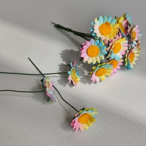 Paper Flower, 100 pcs. Wedding supplies, Centerpieces, Small daisies flowers, handmade flowers, size 1.5 cm. batik colors and yellow pollen. image 3