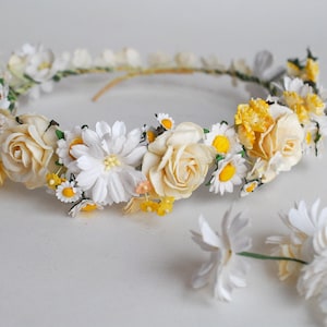 Handmade Paper Flower Crown: Ivory, White & Yellow Daisy Rose Wreath